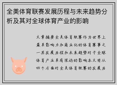 全美体育联赛发展历程与未来趋势分析及其对全球体育产业的影响