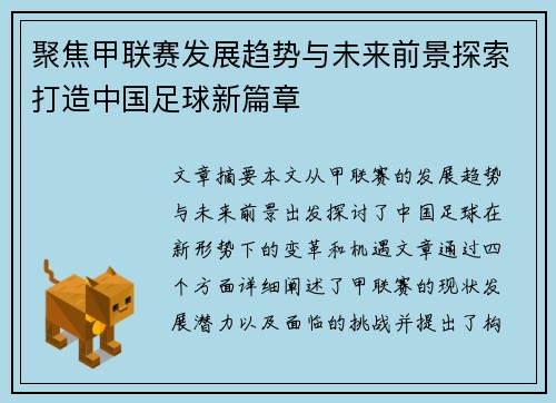 聚焦甲联赛发展趋势与未来前景探索打造中国足球新篇章