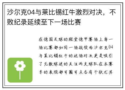 沙尔克04与莱比锡红牛激烈对决，不败纪录延续至下一场比赛