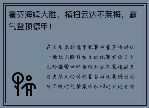 霍芬海姆大胜，横扫云达不莱梅，霸气登顶德甲！